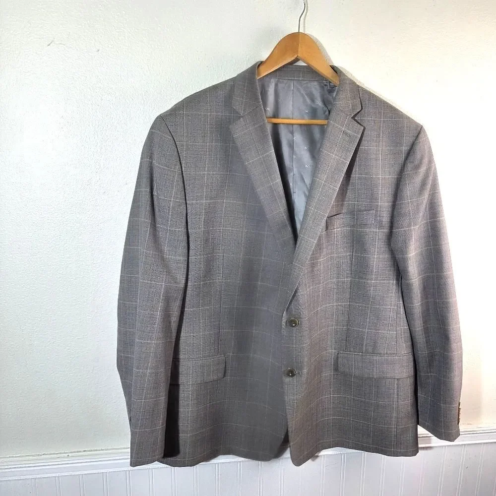 Men's Michael Kors Taupe Two Button Checkered Work Career Blazer Jacket Size 50R